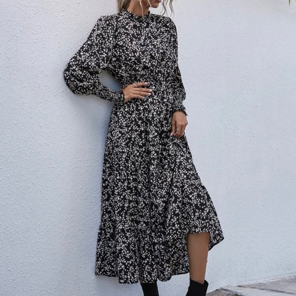 Shein Ditsy Floral Frill Neck Ruffle Hem Dress - Picture 2 of 8